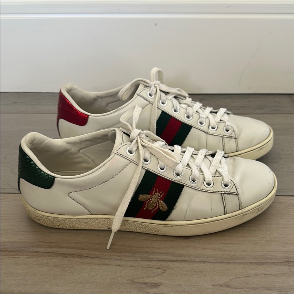Gucci White Sneakers with Red and Green Accents